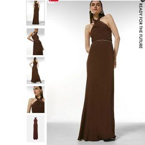 Karen Millen | Chocolate Viscose Crepe Satin Halter Neck Evening Dress